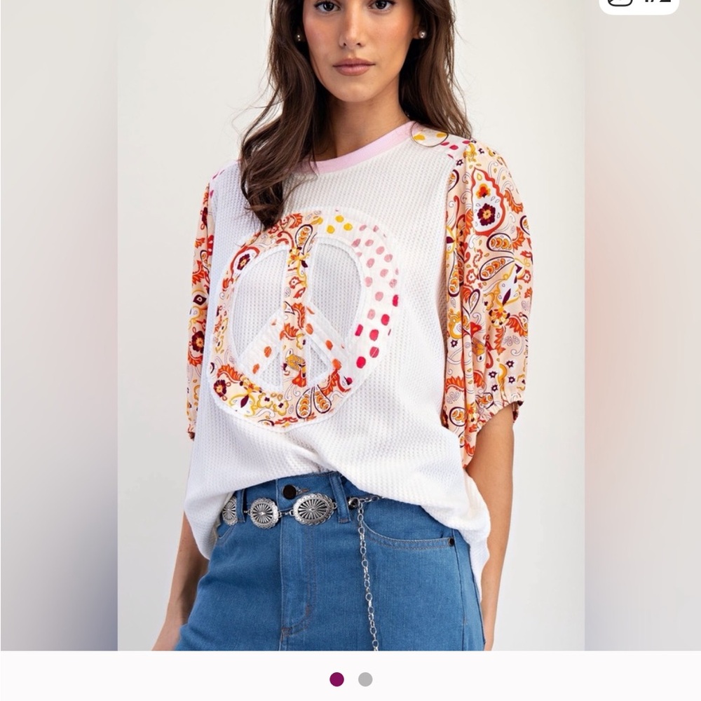 #150-25 New White Peace Sign Graphic Top with Paisley Sleeves
